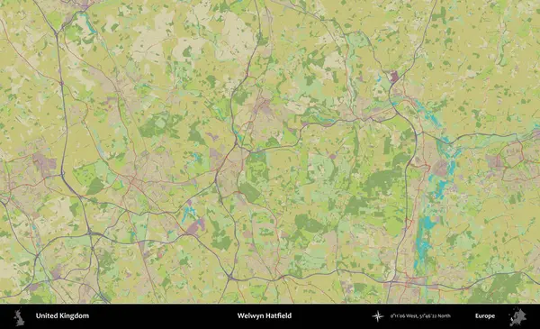 Welwyn Hatfield. Birleşik Krallık 'ın idari alanı bir OpenStreetMap İnsani Biçim haritası üzerinde