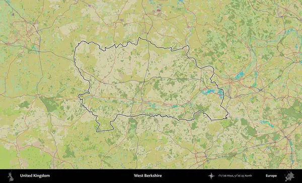 Batı Berkshire. Birleşik Krallık 'ın bir OpenStreetMap İnsani Biçim haritasında özetlenmiş idari alanı