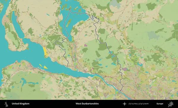 Batı Dunbartonshire. Birleşik Krallık 'ın bir OpenStreetMap İnsani Biçim haritasında özetlenmiş idari alanı
