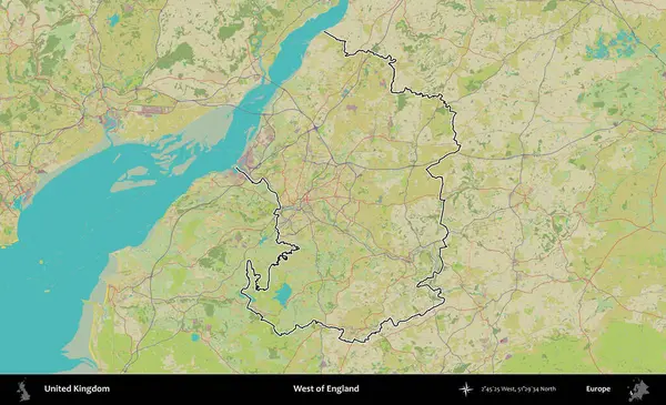 İngiltere 'nin batısında. Birleşik Krallık 'ın bir OpenStreetMap İnsani Biçim haritasında özetlenmiş idari alanı