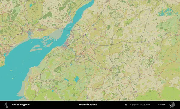 İngiltere 'nin batısında. Birleşik Krallık 'ın idari alanı bir OpenStreetMap İnsani Biçim haritası üzerinde