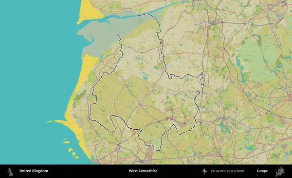 Batı Lancashire. Birleşik Krallık 'ın bir OpenStreetMap İnsani Biçim haritasında özetlenmiş idari alanı