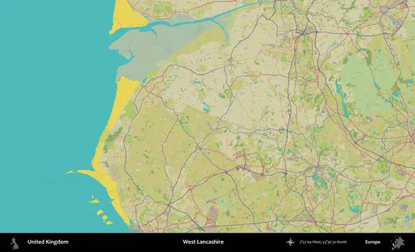 Batı Lancashire. Birleşik Krallık 'ın idari alanı bir OpenStreetMap İnsani Biçim haritası üzerinde