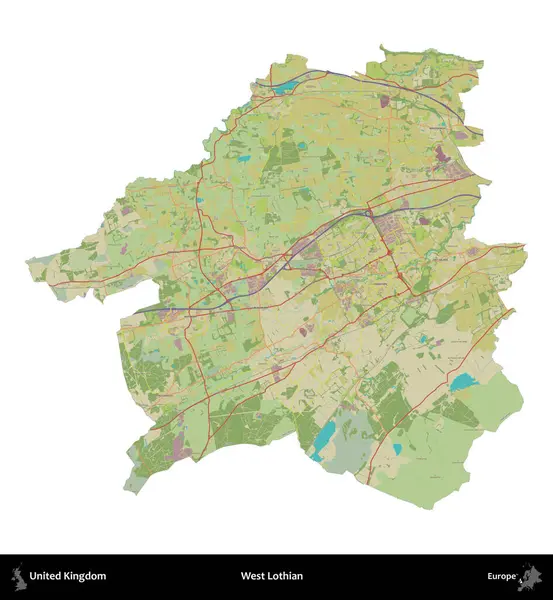 Batı Lothian. Birleşik Krallık 'ın idari alanı bir OpenStreetMap İnsani Harita stili haritasında beyaza izole edildi