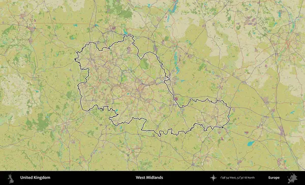 Batı Midlands. Birleşik Krallık 'ın bir OpenStreetMap İnsani Biçim haritasında özetlenmiş idari alanı