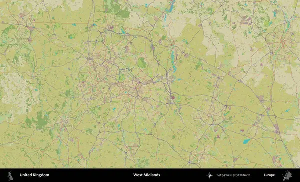 Batı Midlands. Birleşik Krallık 'ın idari alanı bir OpenStreetMap İnsani Biçim haritası üzerinde