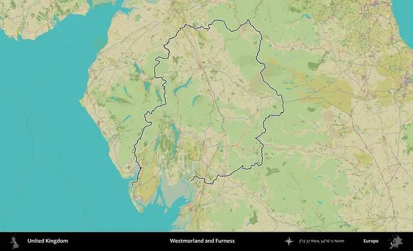 Westmorland ve Furness. Birleşik Krallık 'ın bir OpenStreetMap İnsani Biçim haritasında özetlenmiş idari alanı