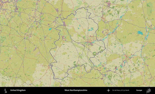 Batı Northamptonshire. Birleşik Krallık 'ın bir OpenStreetMap İnsani Biçim haritasında özetlenmiş idari alanı