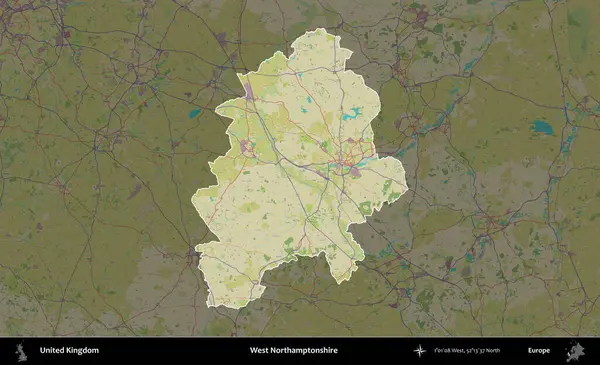 Batı Northamptonshire. Birleşik Krallık 'ın idari alanı karanlık bir OpenStreetMap İnsani Haritası biçiminde vurgulanmış ve özetlenmiştir
