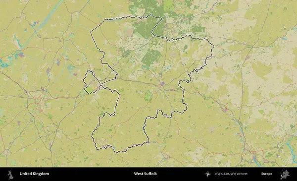 Batı Suffolk. Birleşik Krallık 'ın bir OpenStreetMap İnsani Biçim haritasında özetlenmiş idari alanı