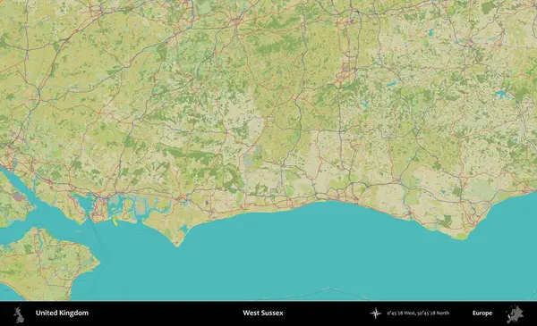 Batı Sussex. Birleşik Krallık 'ın idari alanı bir OpenStreetMap İnsani Biçim haritası üzerinde