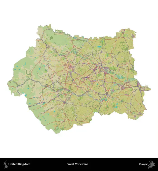 Batı Yorkshire. Birleşik Krallık 'ın idari alanı bir OpenStreetMap İnsani Harita stili haritasında beyaza izole edildi