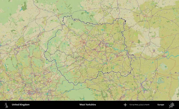 Batı Yorkshire. Birleşik Krallık 'ın bir OpenStreetMap İnsani Biçim haritasında özetlenmiş idari alanı