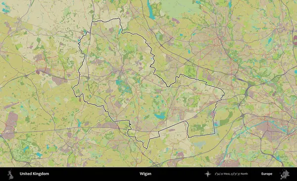 Wigan. Birleşik Krallık 'ın bir OpenStreetMap İnsani Biçim haritasında özetlenmiş idari alanı