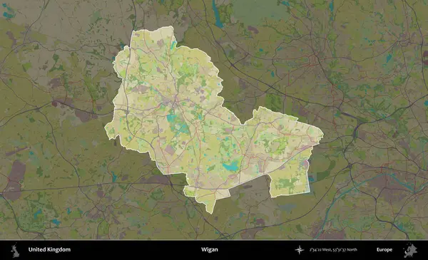 Wigan. Birleşik Krallık 'ın idari alanı karanlık bir OpenStreetMap İnsani Haritası biçiminde vurgulanmış ve özetlenmiştir