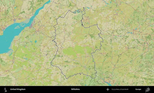 Wiltshire 'da. Birleşik Krallık 'ın bir OpenStreetMap İnsani Biçim haritasında özetlenmiş idari alanı