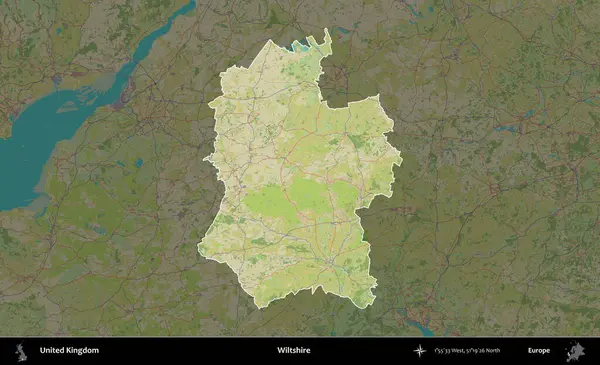 Wiltshire 'da. Birleşik Krallık 'ın idari alanı karanlık bir OpenStreetMap İnsani Haritası biçiminde vurgulanmış ve özetlenmiştir