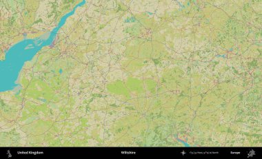 Wiltshire 'da. Birleşik Krallık 'ın idari alanı bir OpenStreetMap İnsani Biçim haritası üzerinde