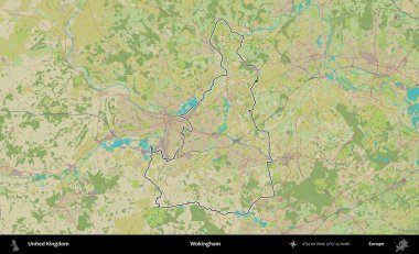 Wokingham. Birleşik Krallık 'ın bir OpenStreetMap İnsani Biçim haritasında özetlenmiş idari alanı