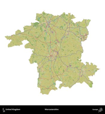 Worcestershire 'da. Birleşik Krallık 'ın idari alanı bir OpenStreetMap İnsani Harita stili haritasında beyaza izole edildi