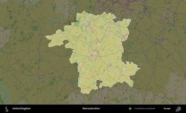 Worcestershire 'da. Birleşik Krallık 'ın idari alanı karanlık bir OpenStreetMap İnsani Haritası biçiminde vurgulanmış ve özetlenmiştir
