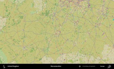 Worcestershire 'da. Birleşik Krallık 'ın idari alanı bir OpenStreetMap İnsani Biçim haritası üzerinde