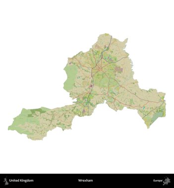 Wrexham. Birleşik Krallık 'ın idari alanı bir OpenStreetMap İnsani Harita stili haritasında beyaza izole edildi