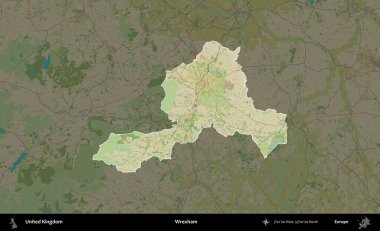 Wrexham. Birleşik Krallık 'ın idari alanı karanlık bir OpenStreetMap İnsani Haritası biçiminde vurgulanmış ve özetlenmiştir