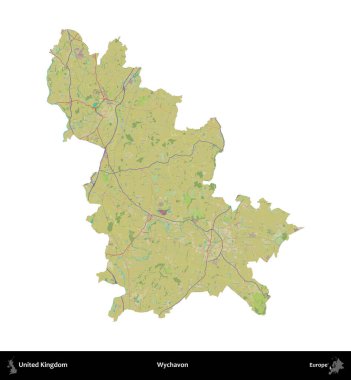 Wychavon. Birleşik Krallık 'ın idari alanı bir OpenStreetMap İnsani Harita stili haritasında beyaza izole edildi