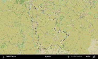 Wychavon. Birleşik Krallık 'ın bir OpenStreetMap İnsani Biçim haritasında özetlenmiş idari alanı
