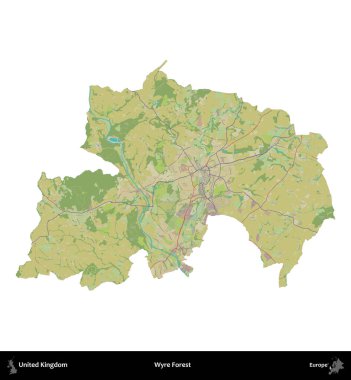Wyre Ormanı. Birleşik Krallık 'ın idari alanı bir OpenStreetMap İnsani Harita stili haritasında beyaza izole edildi