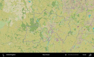 Wyre Ormanı. Birleşik Krallık 'ın bir OpenStreetMap İnsani Biçim haritasında özetlenmiş idari alanı