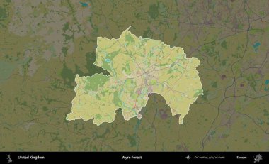 Wyre Ormanı. Birleşik Krallık 'ın idari alanı karanlık bir OpenStreetMap İnsani Haritası biçiminde vurgulanmış ve özetlenmiştir