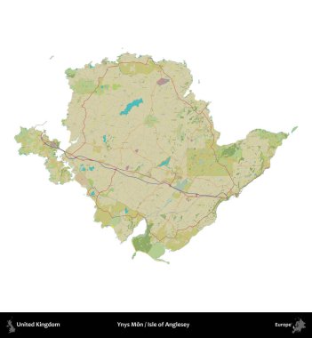 Ynys Mn Adası, Anglesey. Birleşik Krallık 'ın idari alanı bir OpenStreetMap İnsani Harita stili haritasında beyaza izole edildi