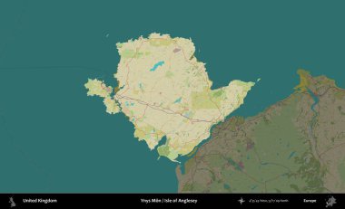 Ynys Mn Adası, Anglesey. Birleşik Krallık 'ın idari alanı karanlık bir OpenStreetMap İnsani Haritası biçiminde vurgulanmış ve özetlenmiştir