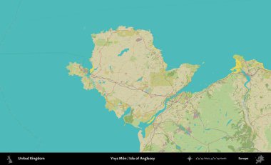 Ynys Mn Adası, Anglesey. Birleşik Krallık 'ın idari alanı bir OpenStreetMap İnsani Biçim haritası üzerinde