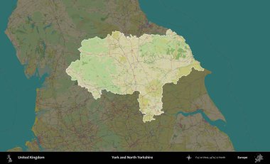 York ve Kuzey Yorkshire. Birleşik Krallık 'ın idari alanı karanlık bir OpenStreetMap İnsani Haritası biçiminde vurgulanmış ve özetlenmiştir