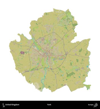 - York. Birleşik Krallık 'ın idari alanı bir OpenStreetMap İnsani Harita stili haritasında beyaza izole edildi