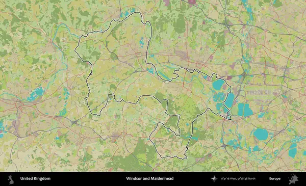 Windsor ve Maidenhead. Birleşik Krallık 'ın bir OpenStreetMap İnsani Biçim haritasında özetlenmiş idari alanı