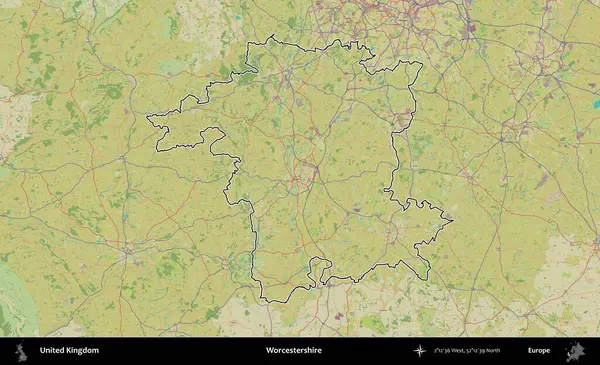 Worcestershire 'da. Birleşik Krallık 'ın bir OpenStreetMap İnsani Biçim haritasında özetlenmiş idari alanı