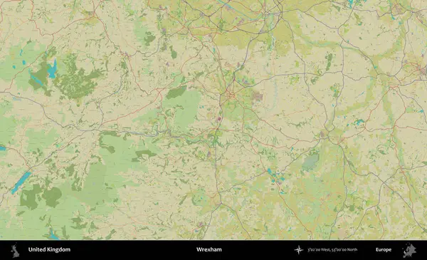 Wrexham. Birleşik Krallık 'ın idari alanı bir OpenStreetMap İnsani Biçim haritası üzerinde