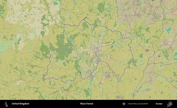 Wyre Ormanı. Birleşik Krallık 'ın bir OpenStreetMap İnsani Biçim haritasında özetlenmiş idari alanı