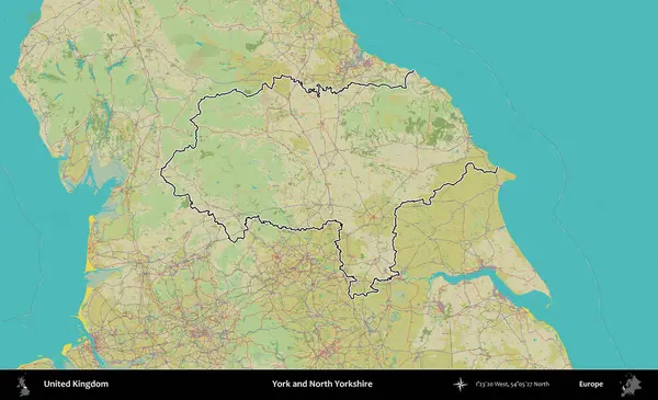 York ve Kuzey Yorkshire. Birleşik Krallık 'ın bir OpenStreetMap İnsani Biçim haritasında özetlenmiş idari alanı