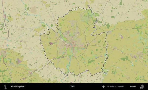 - York. Birleşik Krallık 'ın bir OpenStreetMap İnsani Biçim haritasında özetlenmiş idari alanı