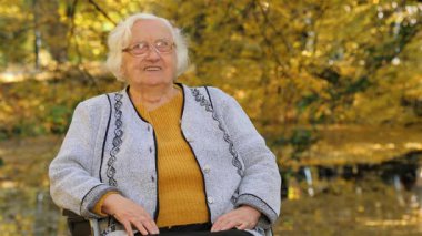 Sonbahar manzaralı tekerlekli sandalyede mutlu bir son sınıf kadınının portresi.