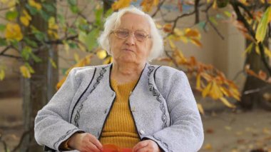 Sonbaharda bir şehir parkında tekerlekli sandalyede bir dalgın yaşlı kadın portresi