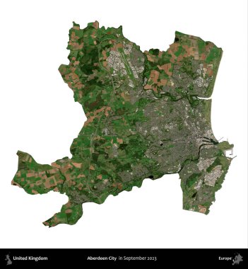 Aberdeen Şehri. Birleşik Krallık 'ın idari alanı, Eylül 2023' te çekilen Kopernik Nöbetçi karolarından oluşan bir uydu görüntüsü üzerinde beyaza izole edildi.