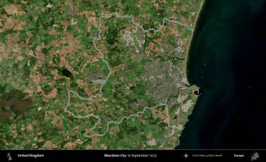 Aberdeen Şehri. Eylül 2023 'te çekilen Kopernik Nöbetçi karolarından oluşan bir uydu görüntüsü üzerinde Birleşik Krallık' ın idari bölgesinin ana hatlarını belirledik.