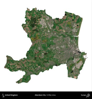 Aberdeen Şehri. Birleşik Krallık 'ın idari alanı, Mayıs 2024' te çekilen Kopernik Nöbetçi karolarından oluşan bir uydu görüntüsü üzerinde beyaza izole edildi.