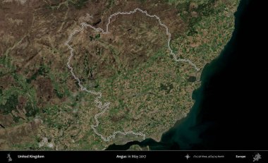 Angus. Mayıs 2017 'de çekilen Copernicus Sentinel karolarından oluşan bir uydu görüntüsü üzerinde Birleşik Krallık' ın idari bölgesinin ana hatlarını belirledik.